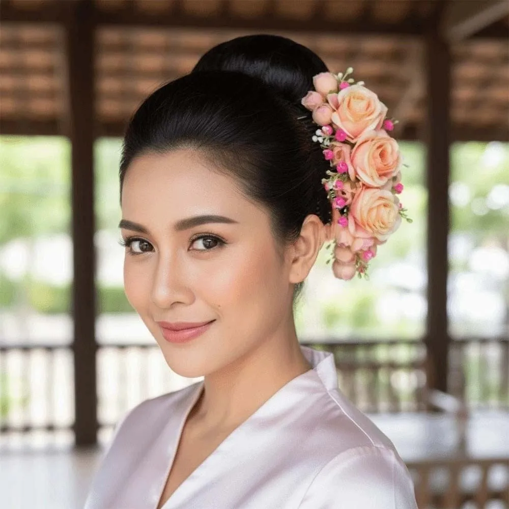 Handmade Sweet Flowers Hairpin Rose Floral Headwear Rose Hair Comb Plastic Cloth Chignon Hair Clips Bride