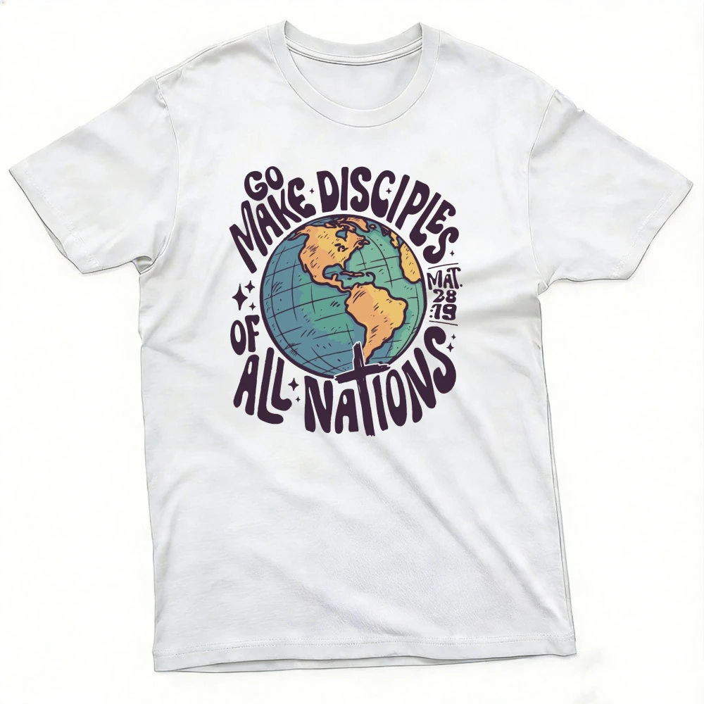 Retro Earth Globe Text Cross Disciples Nations Scripture Maroon Crewneck T Shirt Short-Sleeve Relaxed Fit Clothes