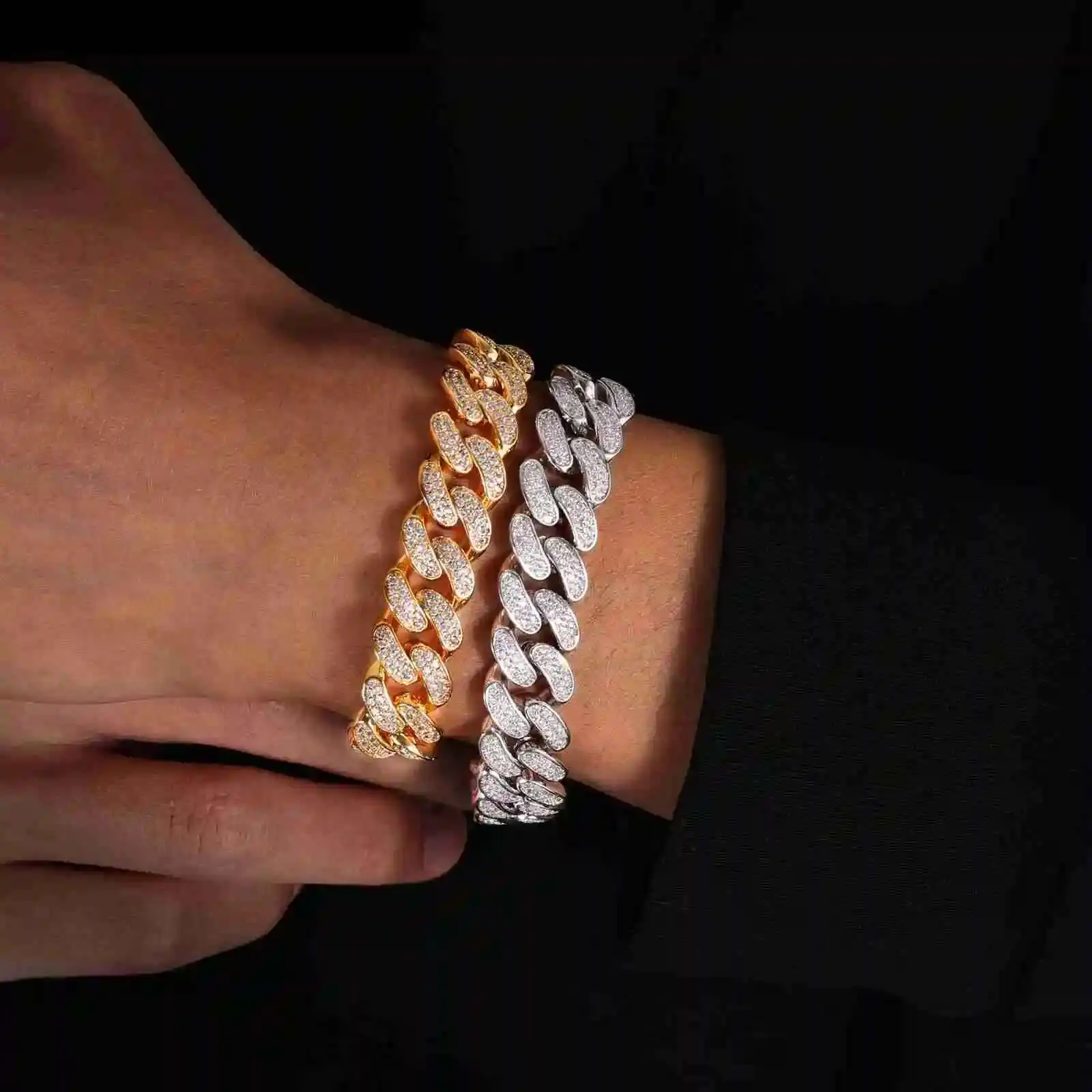 

Fashion Unisex 12mm Cuban Link Chain 2 Rows 5A Cubic Zircon 18K Gold Plated Charm Bracelets and Necklaces Rapper
