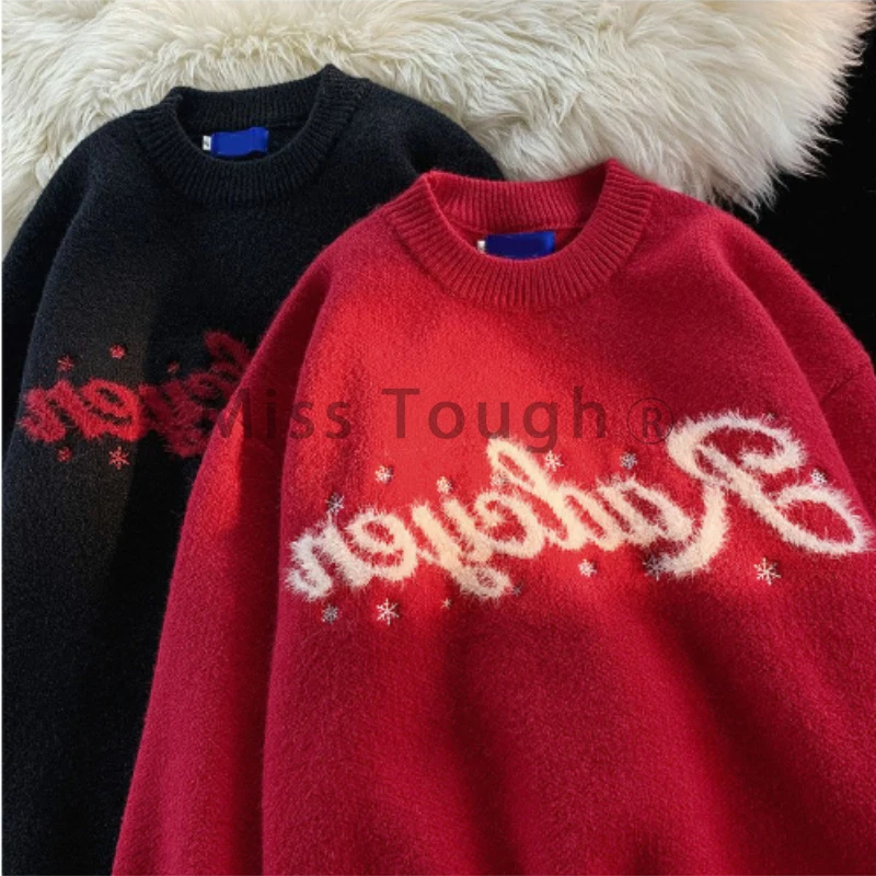 Winter Christmas Knitted Couple Pullovers Tops Women Print Loose Y2k Elegant Sweater Tops Female Korean Retro Chic Clothes 2023