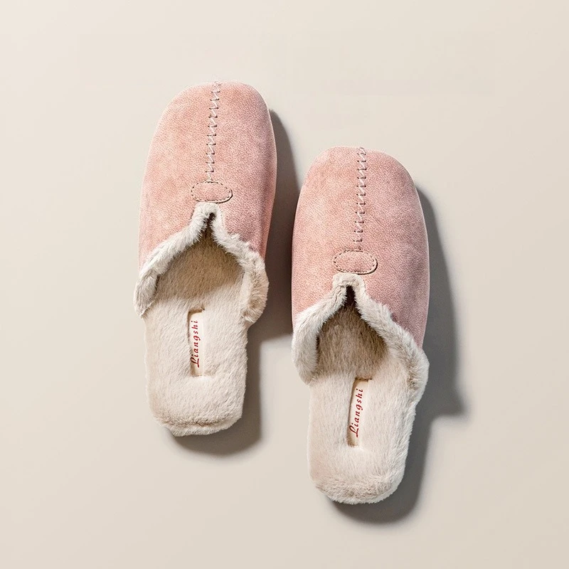 Autumn Winter Couples Fashionable Luxury Matte Leather Fleece Lined Women's Cotton Slippers Indoor Rubber Sole Men's Slippers