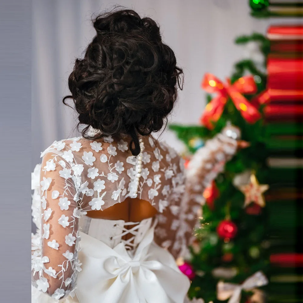 عيد الميلاد فستان الزفاف الرقبة العالية الزهور الصناعية الوهم طويلة الأكمام فستان الزفاف مشد الظهر فساتين الزفاف الضيوف #3