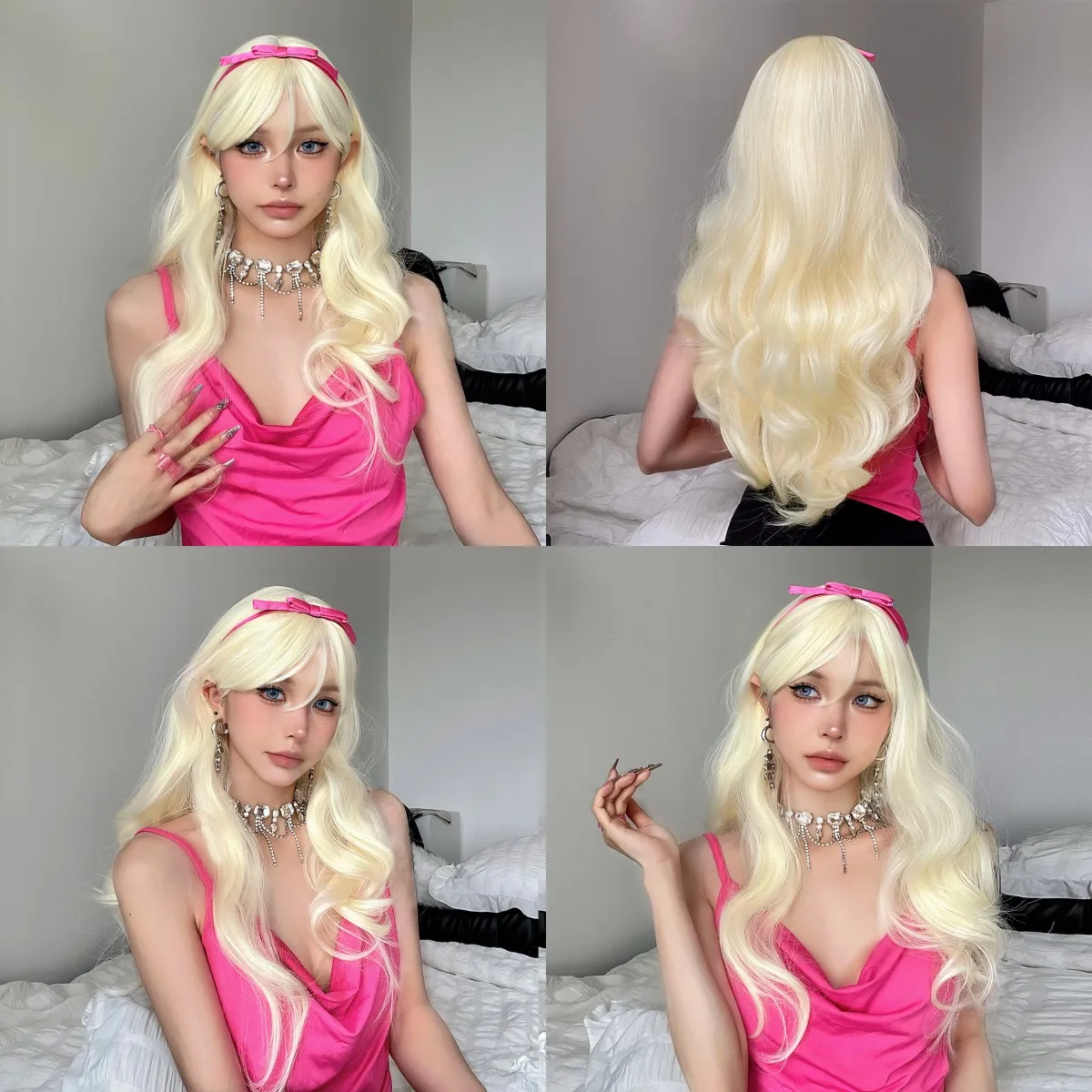 Długie faliste blond żółty syntetyczny peruka z grzywką platynowy na imprezę Cosplay Lolita używa peruk dla kobiet naturalne włosy odpornych na