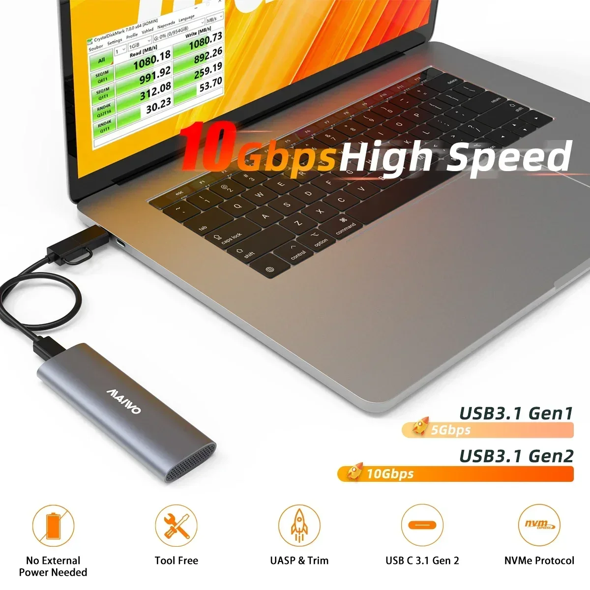 MAIWO M.2 NVMe SSD Enclosure 10Gbps USB3.2 Type-C Gen2 External NVME SSD Case  Supports M Keys 2280 SSD Aluminum Shell
