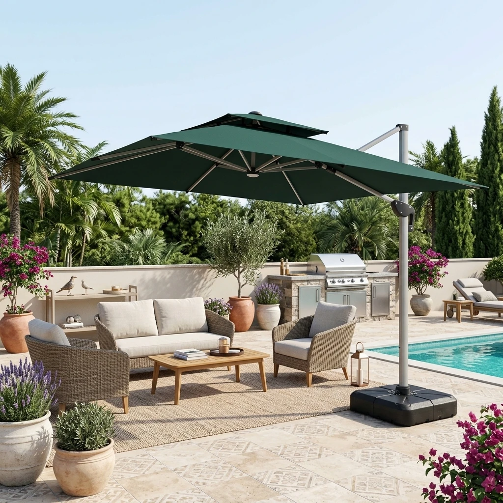 Double Canopy Square Offset Modern Hotel Patio Umbrella Windproof Aluminum Cantilever Crank Operation Outdoor Garden Sun Shade