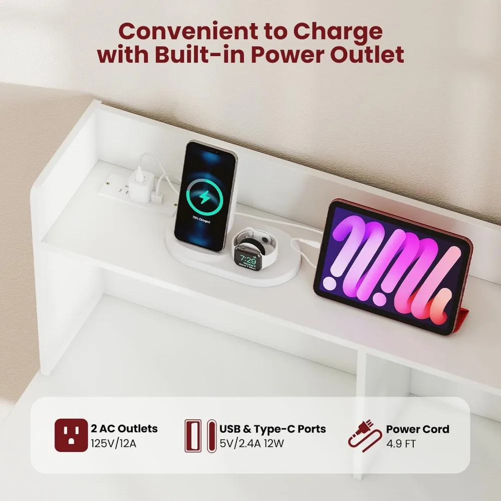 허치가 있는 Giantex 화이트 컴퓨터 책상, 전원 콘센트가 있는 홈 오피스 책상, USB 포트, 타입-C, 수납 선반 및 서랍, 모던 L