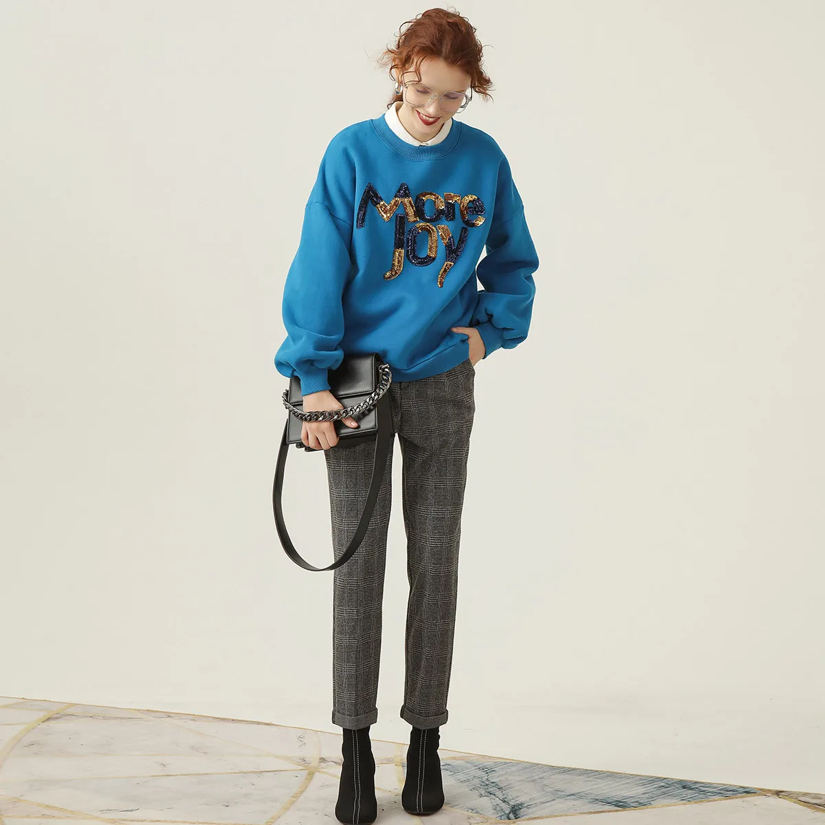 LOUIS YAO 2025 Autumn/Winter Handmade Bead Embroidered Top Loose Round Neck Long Sleeve with Thick Velvet Women's Hoodie