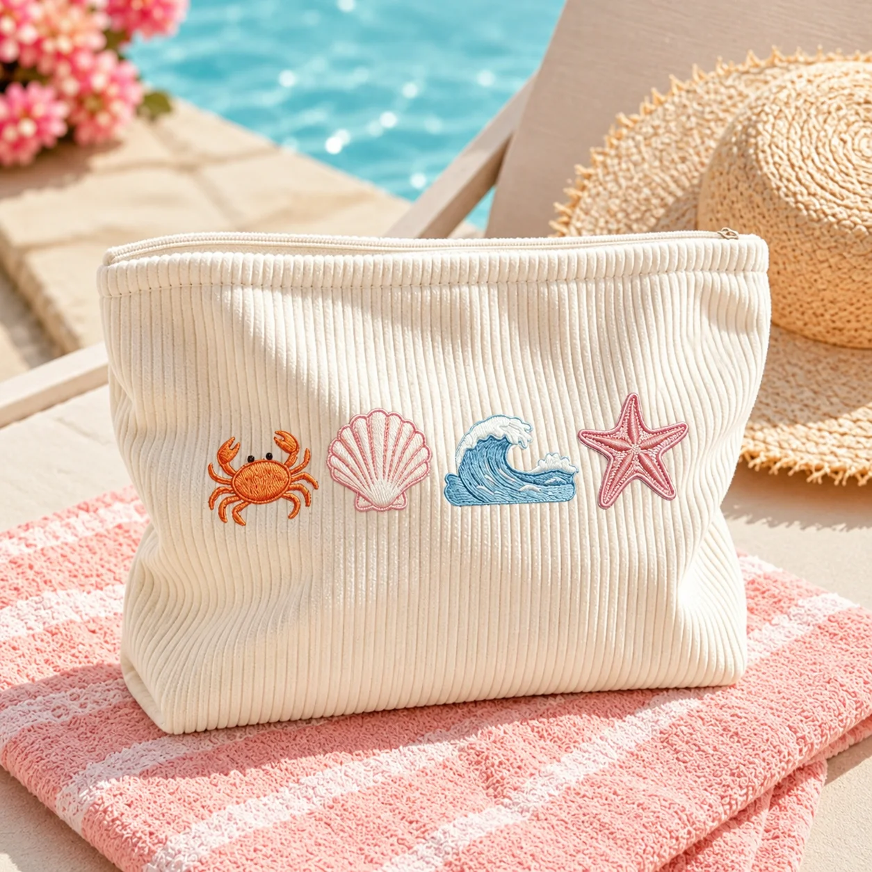 Cosmetic Bag Corduroy Printing Makeup Bag Beach Travel Toiletry Organizer Pouch Sea Shell Crab Starfish Beauty Storage Case