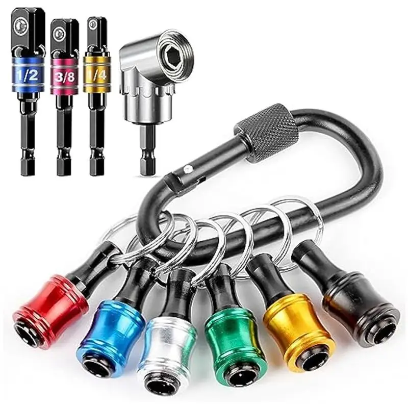 CMHI-1/4 Hex-Shank Bit Holder Keychain Gadgets,3Pc 1/4In 3/8In 1/2In Drill Socket Adapter+105° Right Angle Drill Attachment