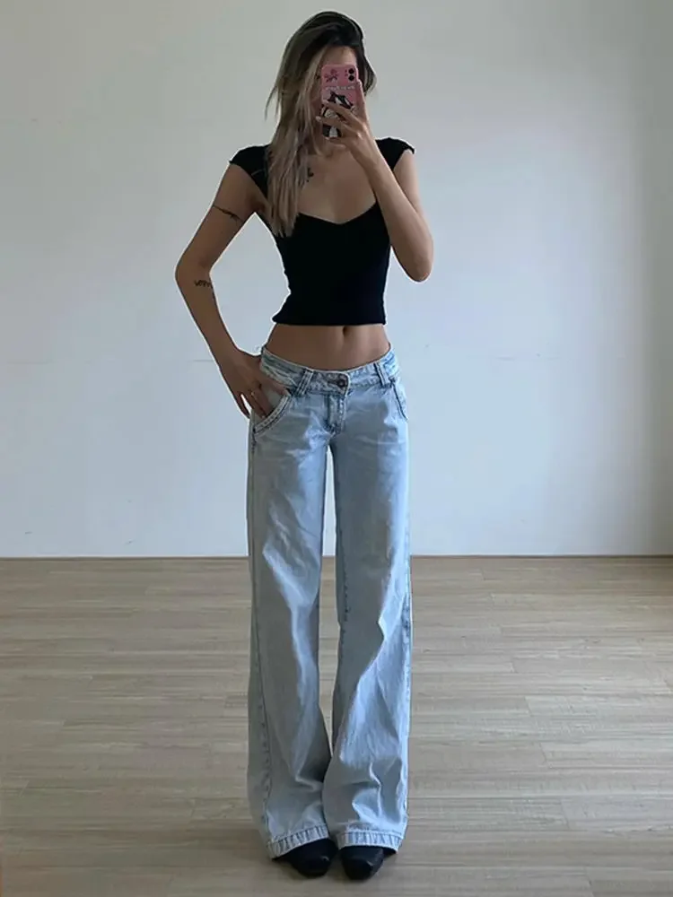 Deeptown Hellblau Niedrige Taille Jeans Frau Streetwear Amerikanischen Vintage Denim Hosen Weibliche Casual Gewaschen Gerade Pantalons Mujer