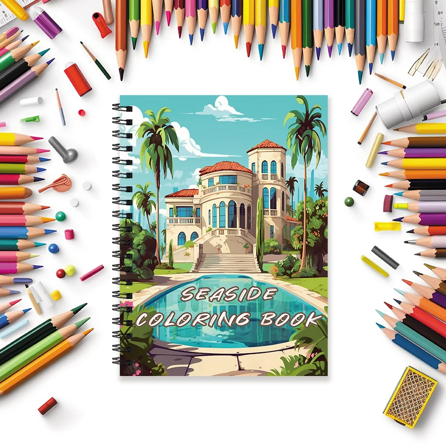 Relaxing Seaside Adult Coloring Book - 8.3x 11.2 Inch 32 Page Coloring Book - Helps Reduce Stress and Ease Emotions