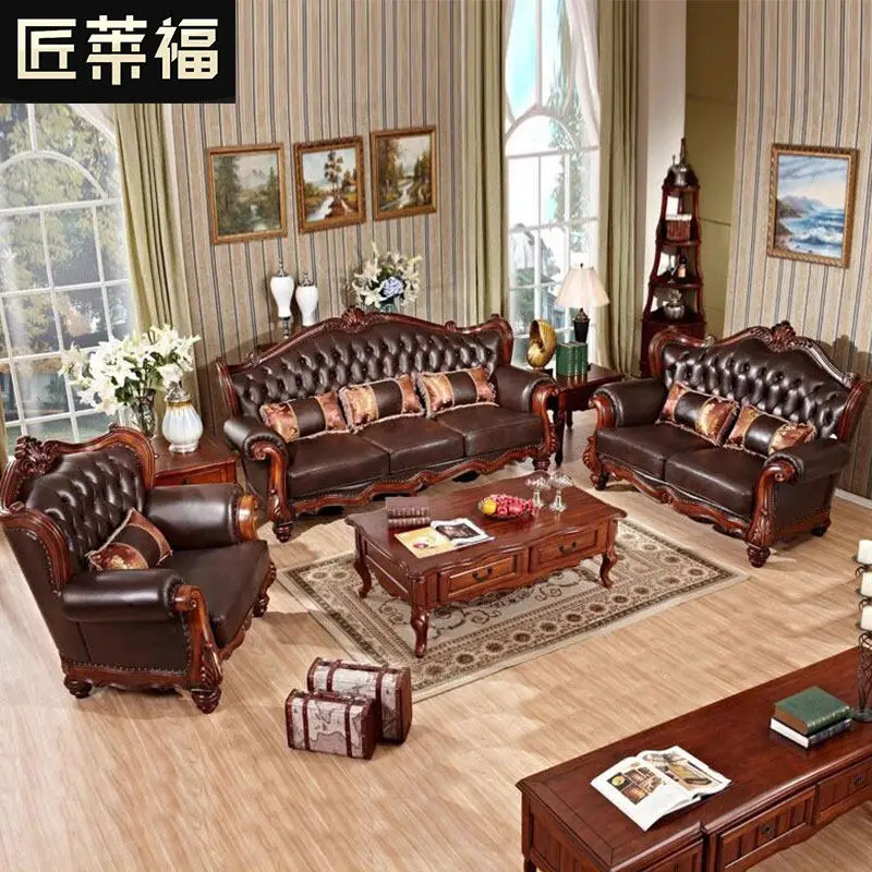 

YFY European leather sofa living room villa large apartment American retro solid wood furniture