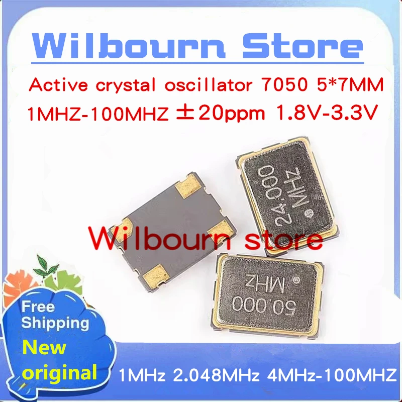 10PCS Active crystal oscillator 7050 1M 4M 4.096M 6M 8M 10M 11.0592M 12M 12.288M 15M 20M 22.1184M 24M 25M 30M 40M 50M 5*7MM