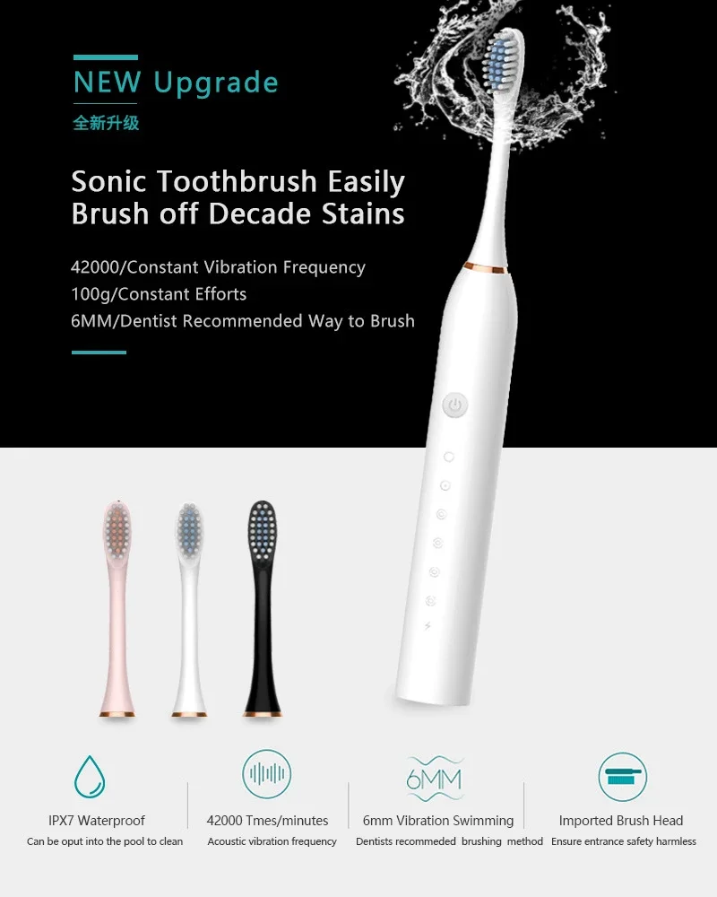 Sonic Electric Toothbrush Smart Timing Tooth Brush Teeth Whitening Fast USB Rechargeable Toothbrush Replacement Head Clean