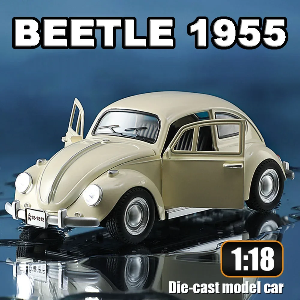 1:18 Scale Beetle 1955 Model Toy Cars Alloy Diecasting Doors Opened Sound Light Pull Back Miniature Vehicles for Children Gifts