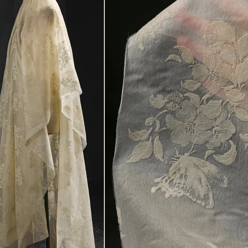 

Flower Butterfly Chiffon Lyocell Plush Texture Fabric Light Apricot Dress Chinese Style Lightweight DIY Clothing Designer Fabric