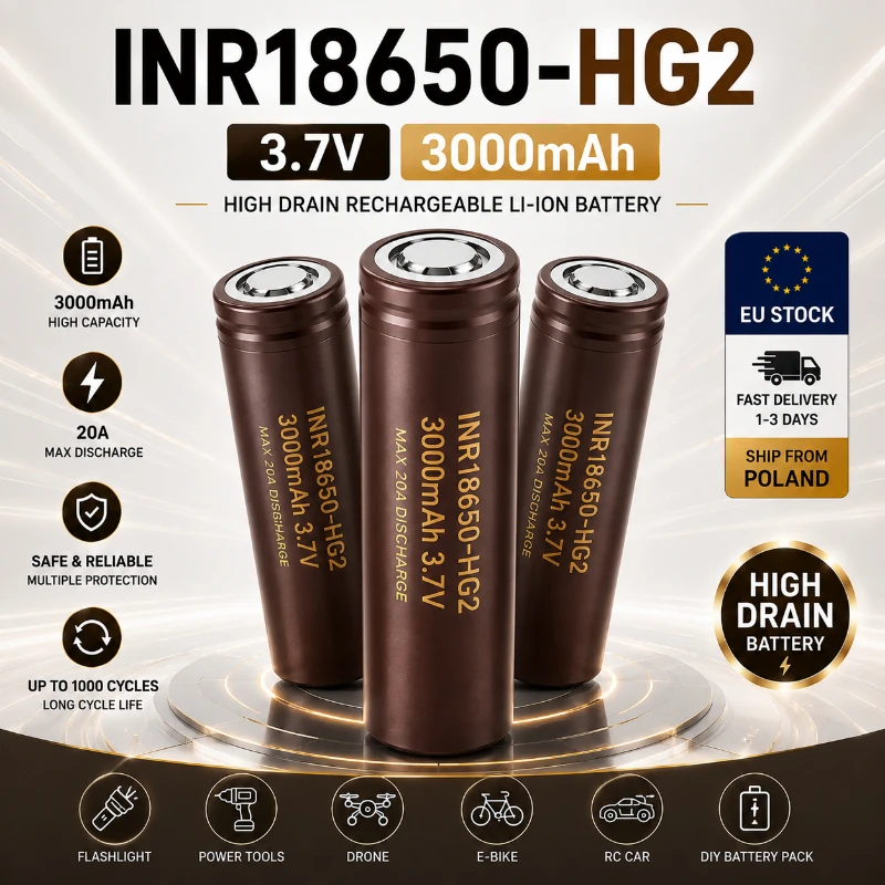 18650 INR HG2 Wiederaufladbare Li-Ionen-Batterie 3,7V 3000mAh 20A Hochstrom-Hochleistungsbatterie für Elektrowerkzeuge Bohrmaschine Schraubendreher Winkelschleifer Schneller Versand aus Polen EU