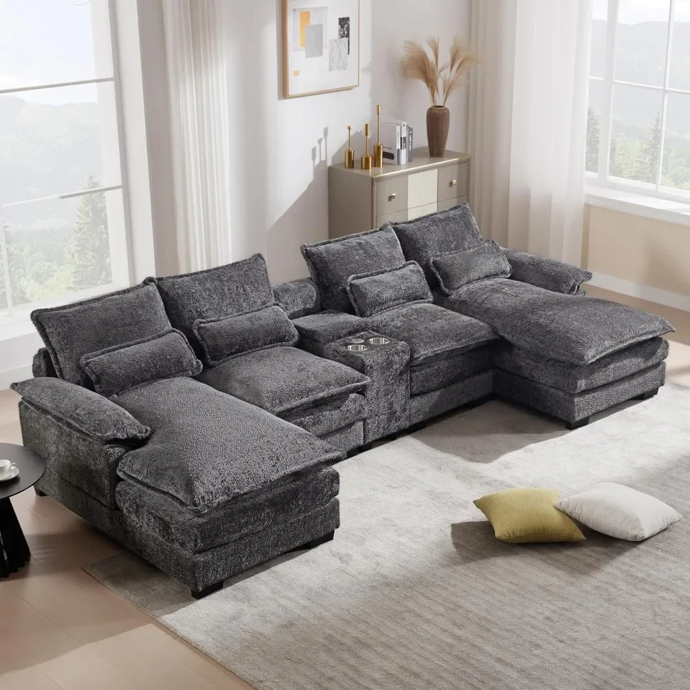 U-shaped modular modular sofa, 124.8 inch living room cloud sofa, gray fluffy chenille sofa with console cup holder, USB port