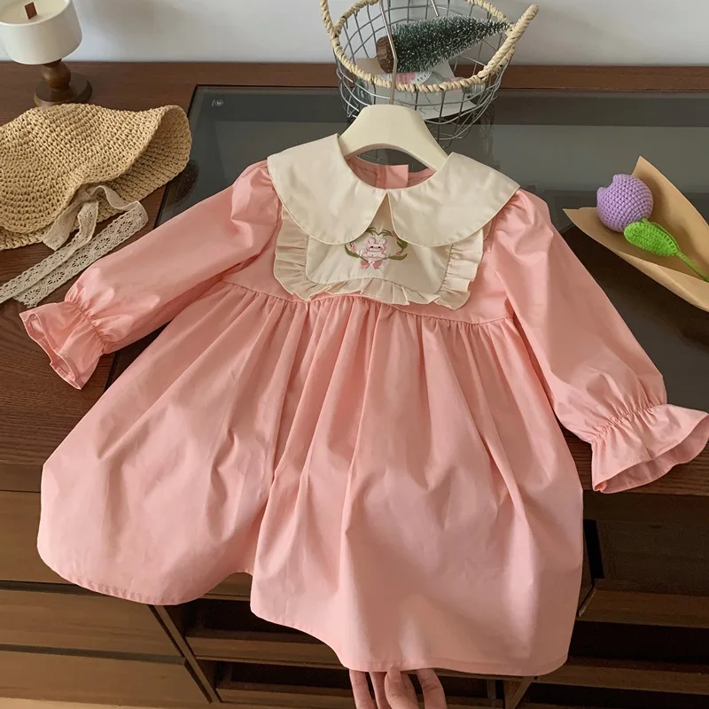 

Children and Girls2024Spring Bubble Sleeve Princess Dress Children Pink Lapel Embroidered Cotton Cloth Dress Tide