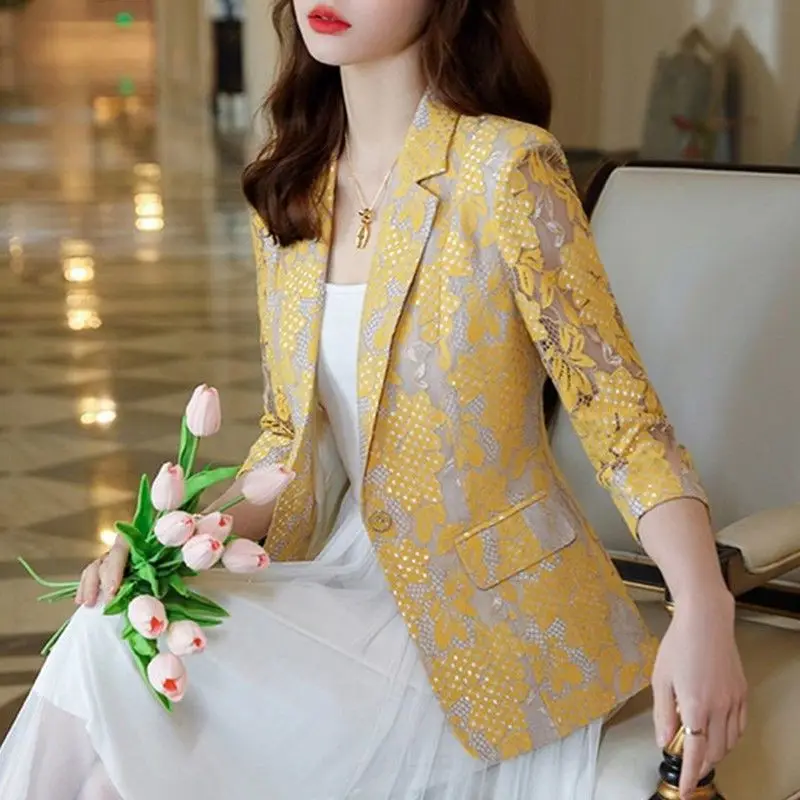 

Office Lady Slim Single Button Suits Floral Lace Elegant Hollow Out Spring Summer New 3/4 Sleeve Fashion Tailored Collar Blazers