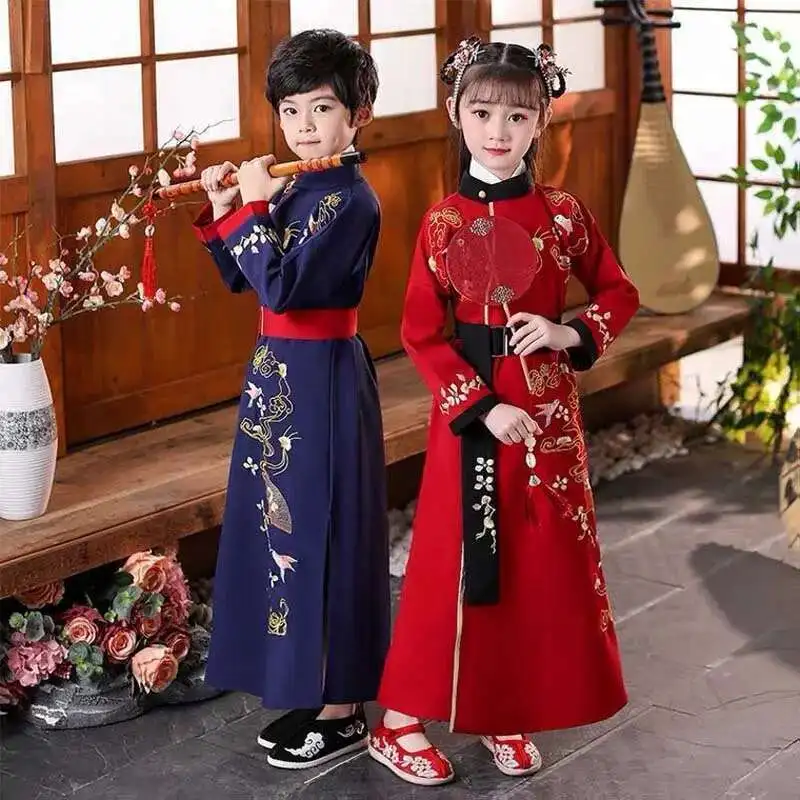 

Boys Girls Chinese New Year Red Blue Hanfu Stage Outfit Young Master's Clothing Tang Cosplay Dress Suit For Litter Kid's Costume