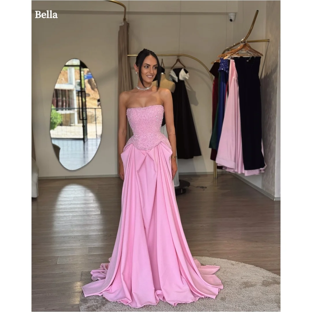 

Bella Индивидуальные розовые блестящие вечерние платья без бретелек с открытой спиной, вечерние платья без рукавов, платье для выпускного вечера длиной до пола, 2025 г.
