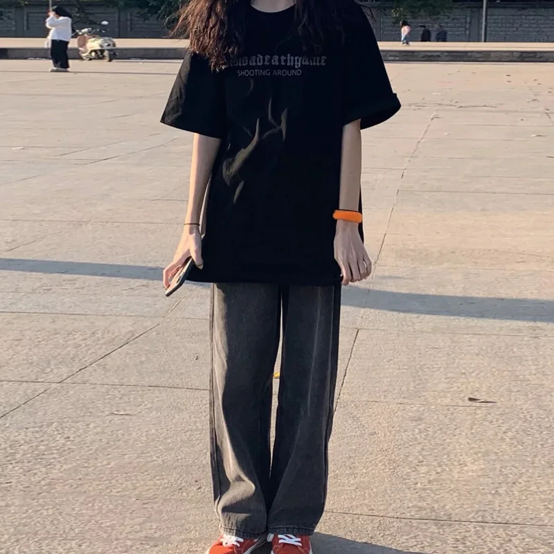 تي شيرت نسائي كوري فضفاض ort Sve تي شيرت Harajuku Sle متوسط الطول مستدير Ne Top مزيج من القطن والبوليستر والألياف اللدنة #1