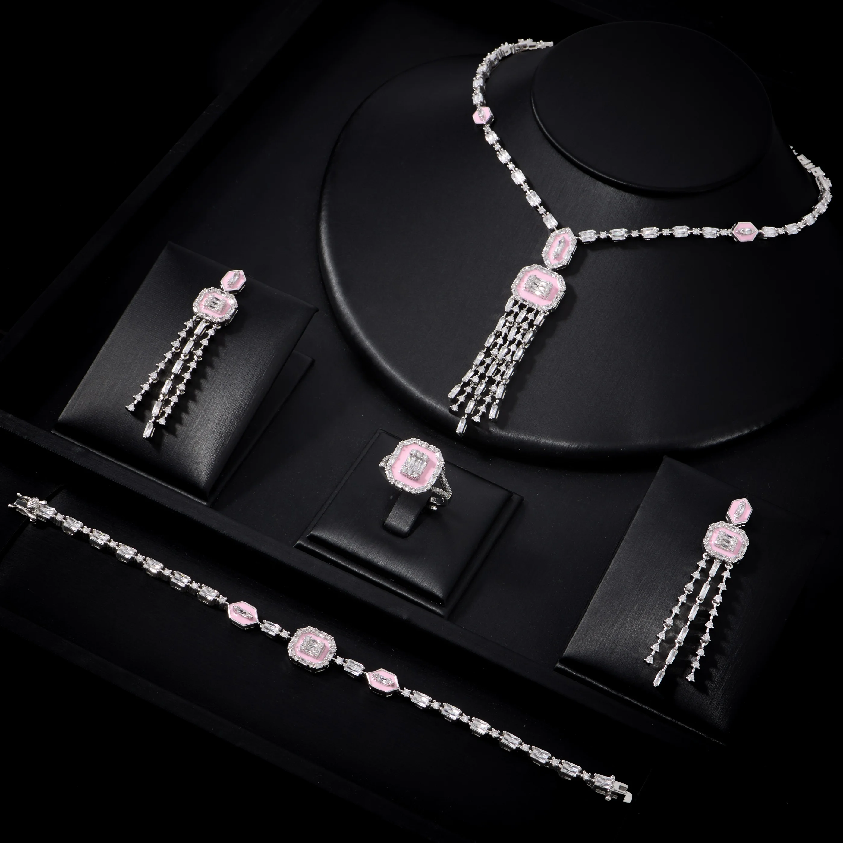 017262 Silver Plated Pink Enamel Square CZ Tassel Jewelry Set 4Pcs Necklace Earrings Bracelet Ring Luxury Women Bridal Wedding P