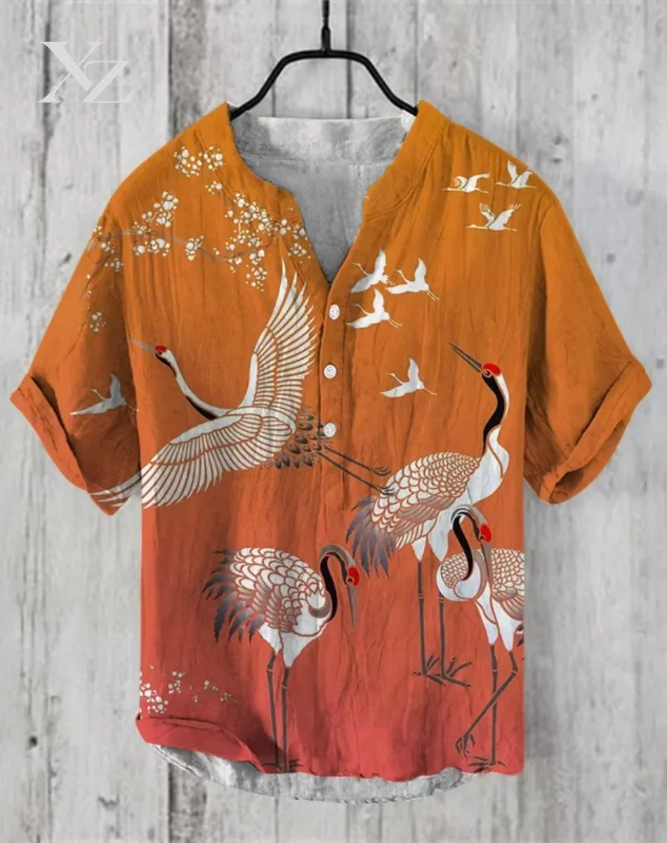 New style trend new summer Japanese retro art print linen comfortable henley shirt men's casual button short sleeve v-neck shirt