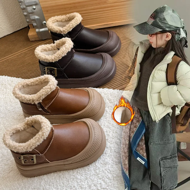 Children Winter Fleece Thickened Non-Slip Cotton Boots Boys Girls Soft-Soled Short Boots Kids Closed-Toe Warm Outdoor Snow Boots