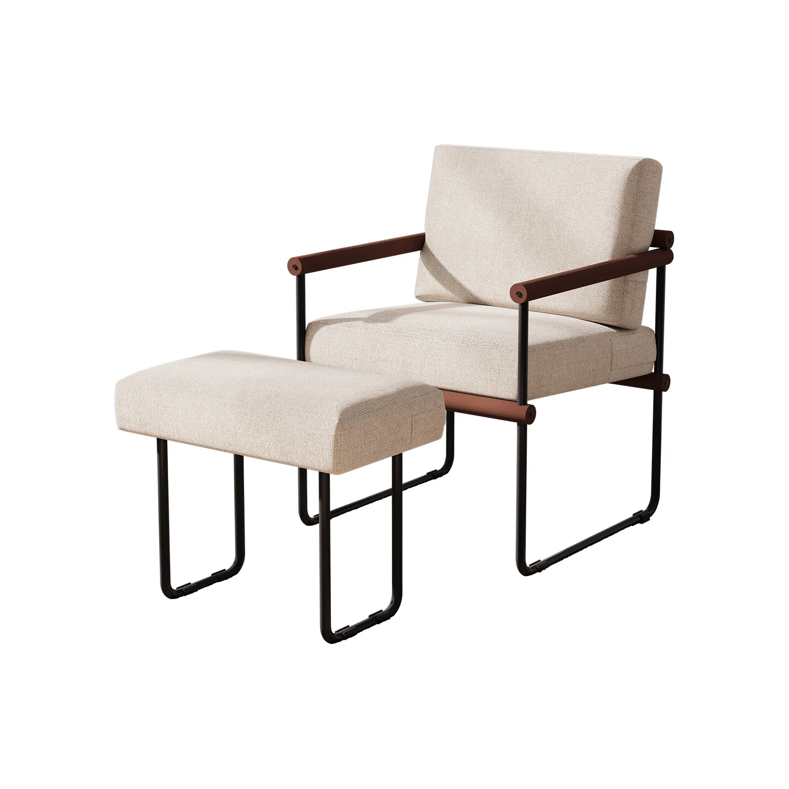 Fauteuil d'appoint en métal avec repose-pieds, cadre, coussin en éponge, dossier en tissu coton et lin, finition peinture laquée mate