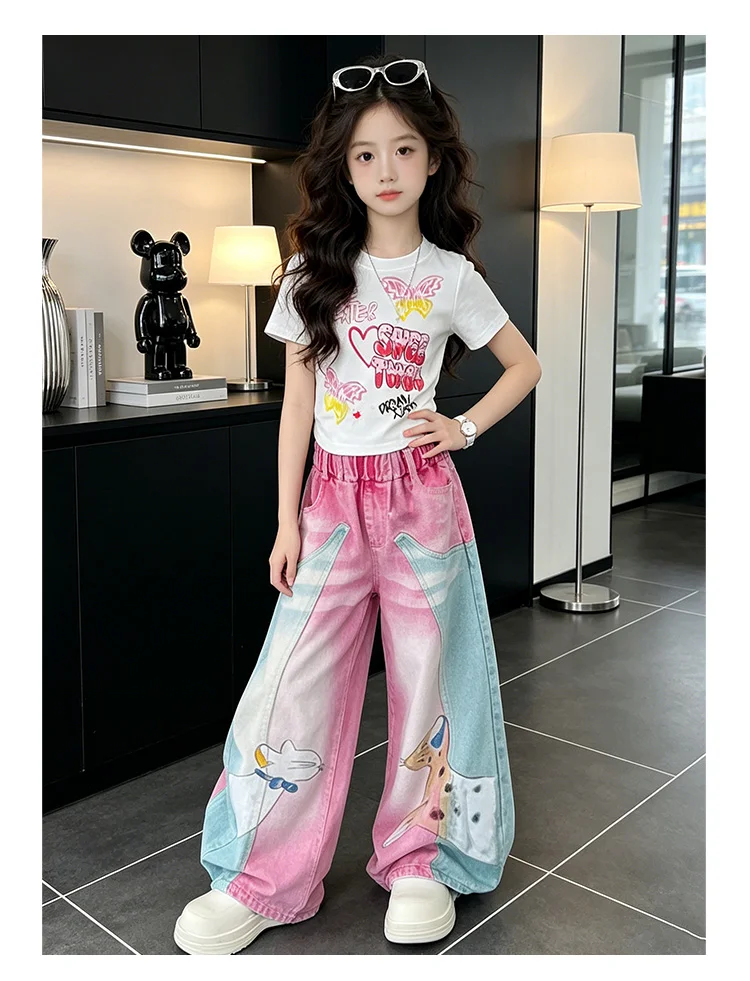 1 Set Mädchen Cartoon-Print-Set Kinder Sommer Kurzarm-Oberteile und Weitbein-Jeans-Anzug Modisches Kostüm Niedliche Kinder-Freizeitsets – Detail 5