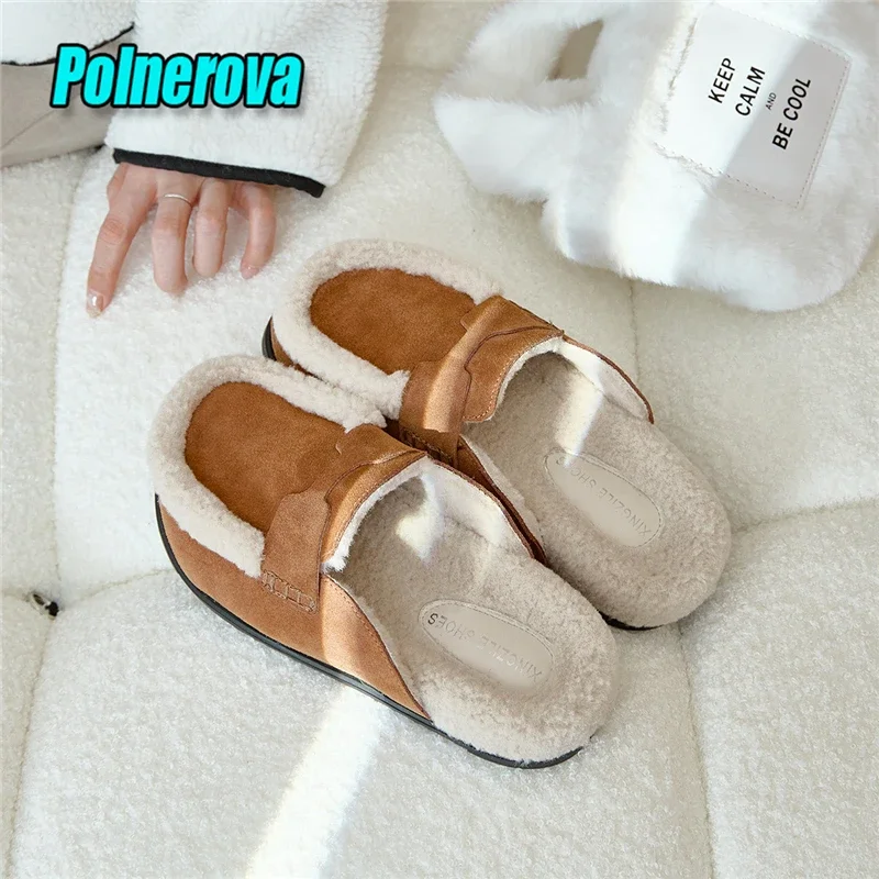 

Плюшевые замшевые полутапочки для женщин, осенне-зимние новые туфли без шнуровки на плоской подошве с круглым носком, уличная удобная повседневная женская обувь