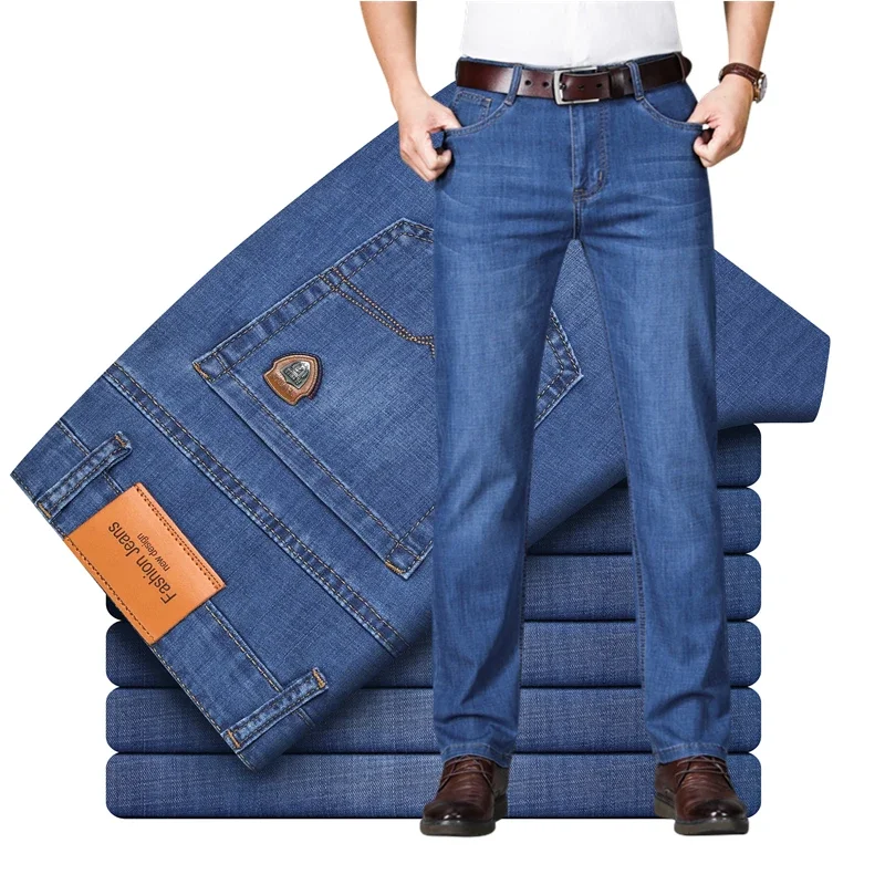 

Men's stretch jeans summer thin business casual pants classic brand high waist fashion loose straight pants light blue dark blue