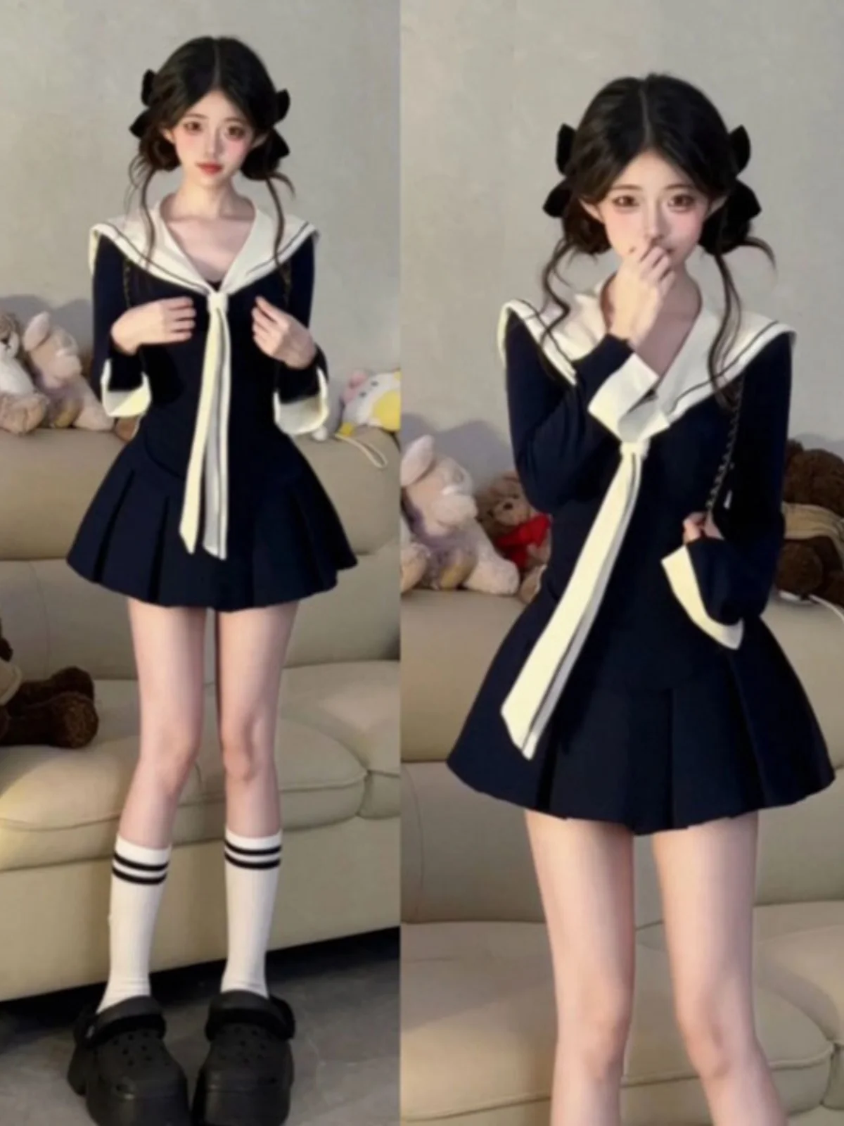 

Unique Beautiful Korean Style Fashion Set Short Skirt Long Sleeve V Neck Comfortable Cotton mid Waist Three Pieces Women's Suit