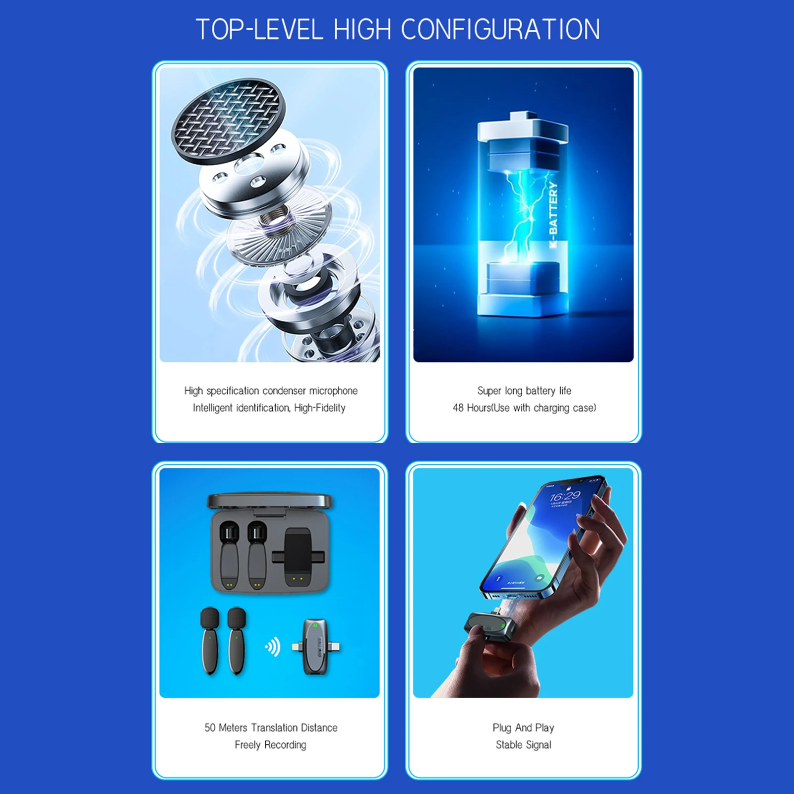 One-Trigger-Two Mini microfono wireless da bavero 2.4G Accoppiamento automatico Portata di trasmissione 50M per iPhone 16/15/14/13 e Type-C Androi