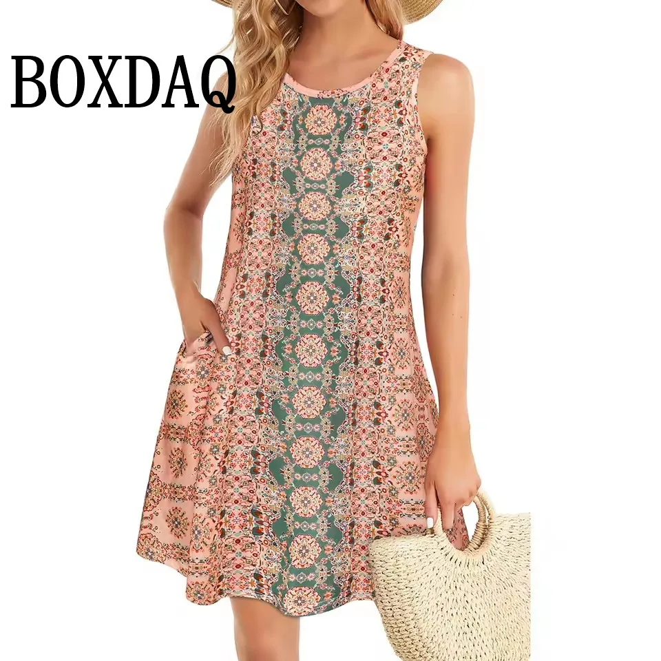 Summer New Casual Simple Floral Print Dress Sundress Loose Sleeveless Vest Dress Beach Holiday Style Tank Retro A-Line Dresses