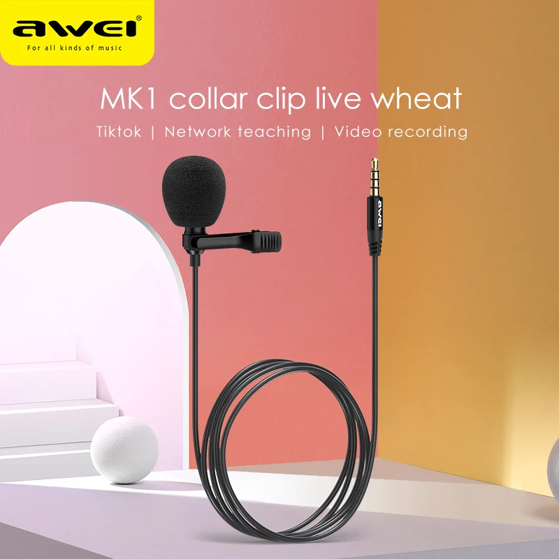 

Awei MK1 Mini Wired Microphone For Mobile Phone 3m Clean Sound Noise Cancelling Microphone WIth 3.5mm Aux Clip Jack Plug