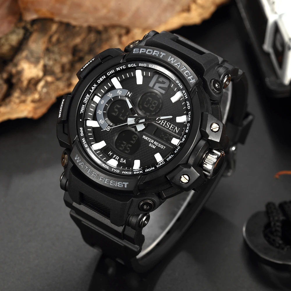 

Digital Quartz Mens Waterproof Watch Alarm Stopwatch Dual Display Black Silicone Wristwatch Fashion Military Relogio Masculino