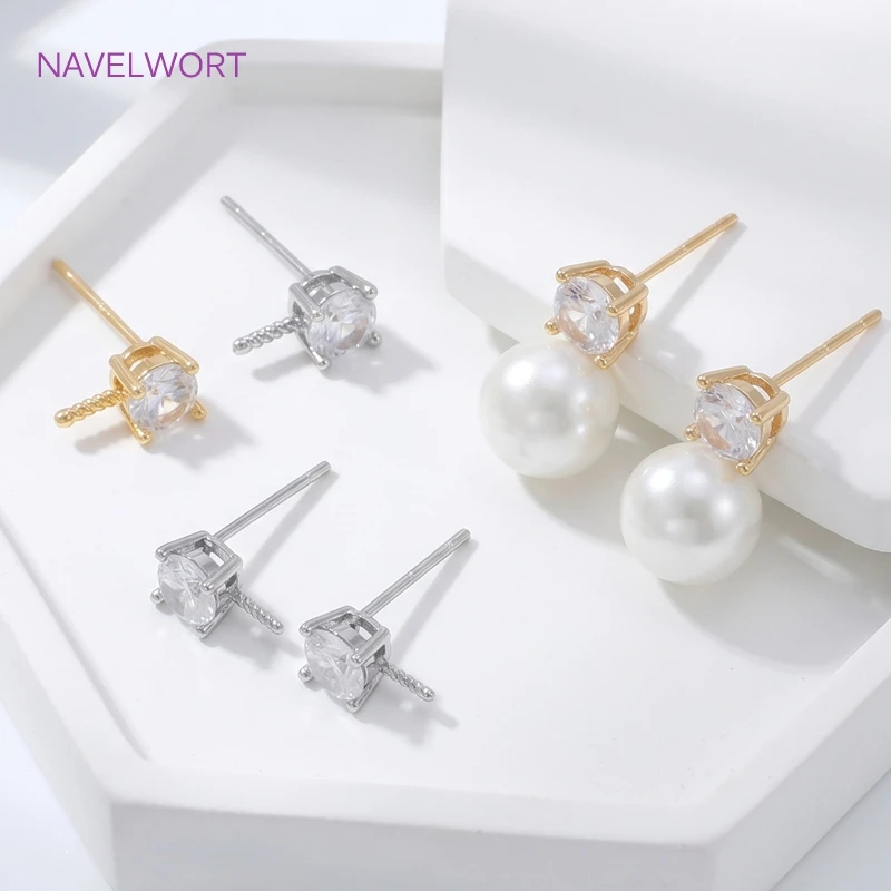 2Pcs 18K Gold Plated Earring Posts With Pearl Mounting Accessories,Inlaid Zircon Earring Studs Base,DIY Jewelry Making Findings