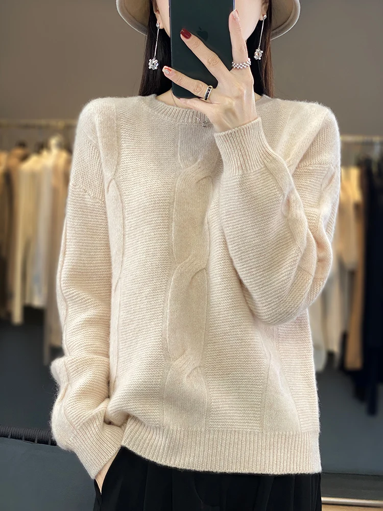 Addonee Spring Women 100% Merino Wool Knitted Solid Color O- Neck Soft Comfortable Sweater 2024 New Fashion