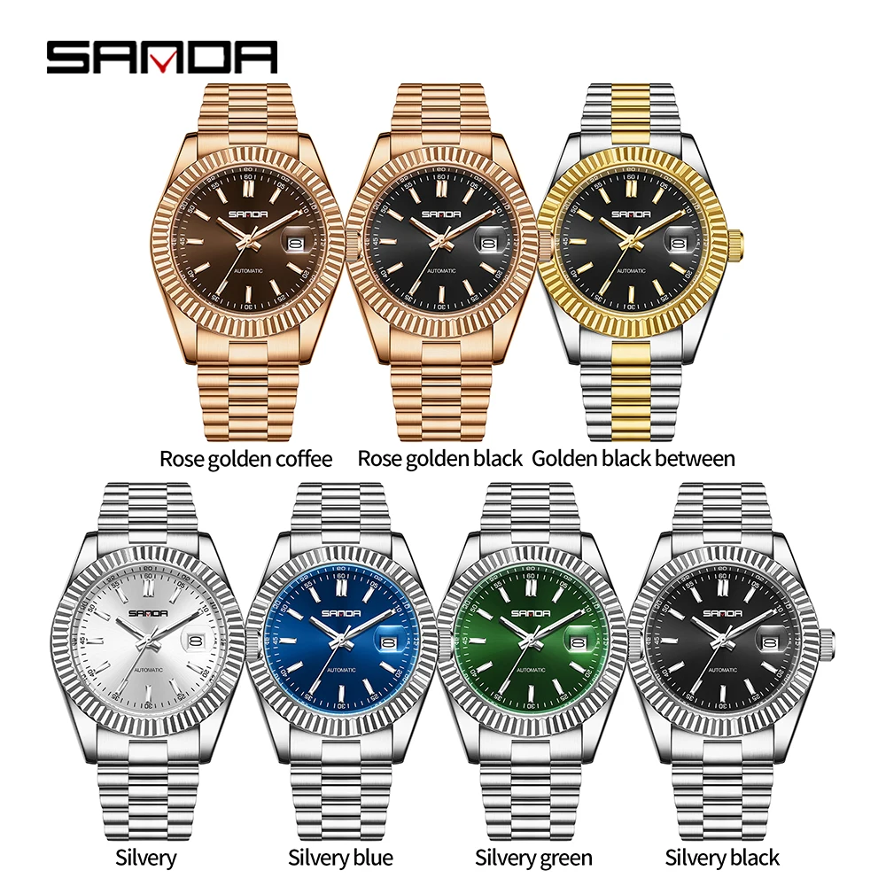 SANDA 5601 클래식 남성용 자동 기계식 시계 비즈니스 솔리드 스틸 벨트 시계 방수 야간 조명 달력 캐주얼 시계