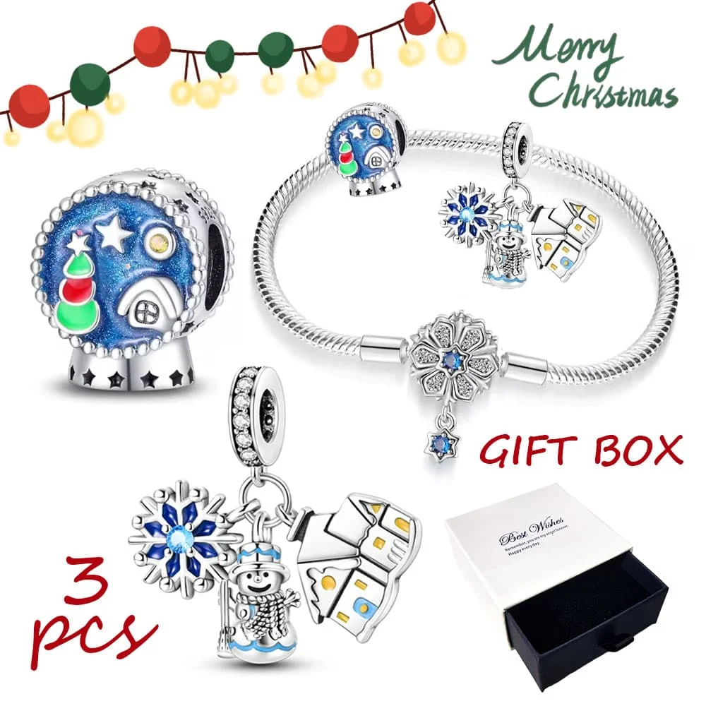 

3pcs/lot Silver 925 Original Christmas Winter Blue Snowflake Snowman Charm Set Hand of Fashion Bracelet With Box Jewelry Gifts