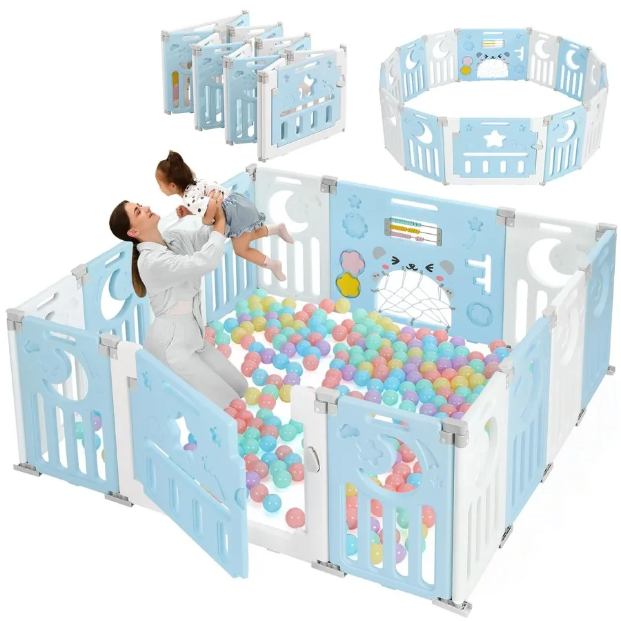 Baby Playpen Baby Playard for Babies and Toddlers 14-Panel Foldable Playpen Adjustable Portable Play Area Indoor/Outdoor Active