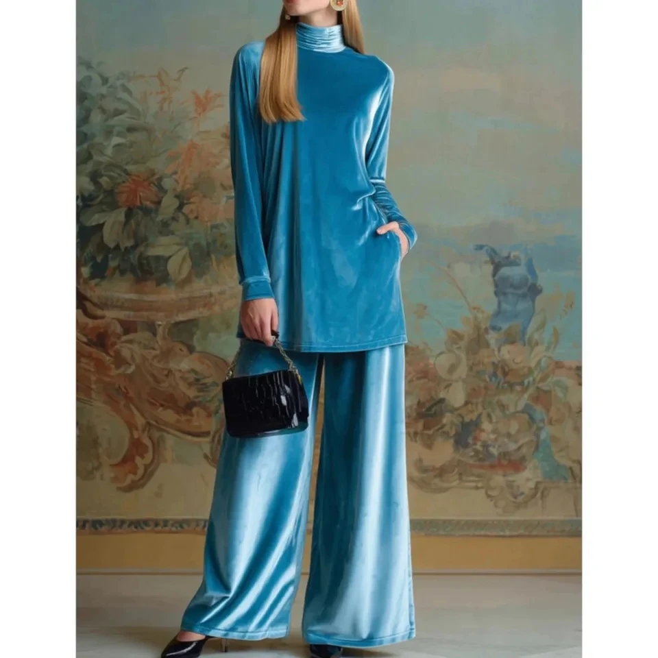 

Fashion Gold Velvet Turtleneck Slit Top 2-piece Set For Women Autumn Winter New Retro Temperament Female Wide-leg Trousers Suit