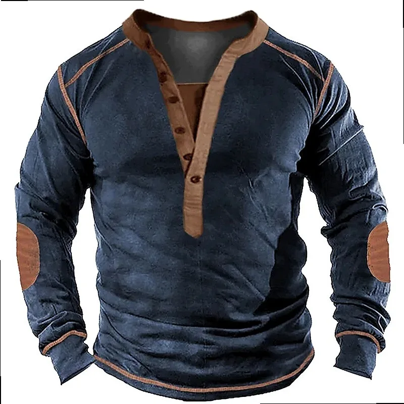 Men's Tactical Henley T-Shirt Outdoor Contrast Print Tee Shirts Spring Summer Casual Blouse Top