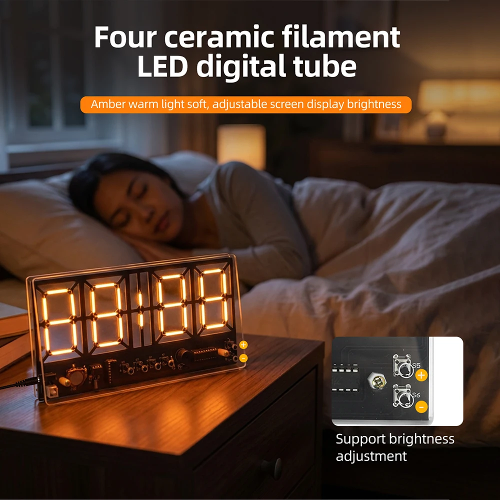 4-Digit LED Digital Clock DIY Kit DC 5V DIY Soldering Practice Kit Digital Alarm Clock with Brightness Adjustment DC002 Socket