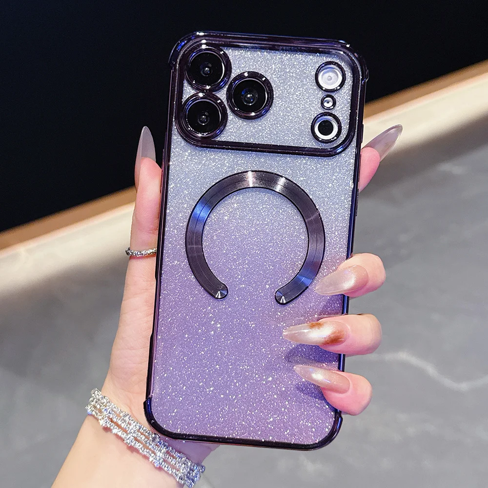 For Apple iPhone 17 Case Glitter Clear Magnetic Phone Cases Compatible with MagSafe Full Camera Lens Protector Shockproof Cover