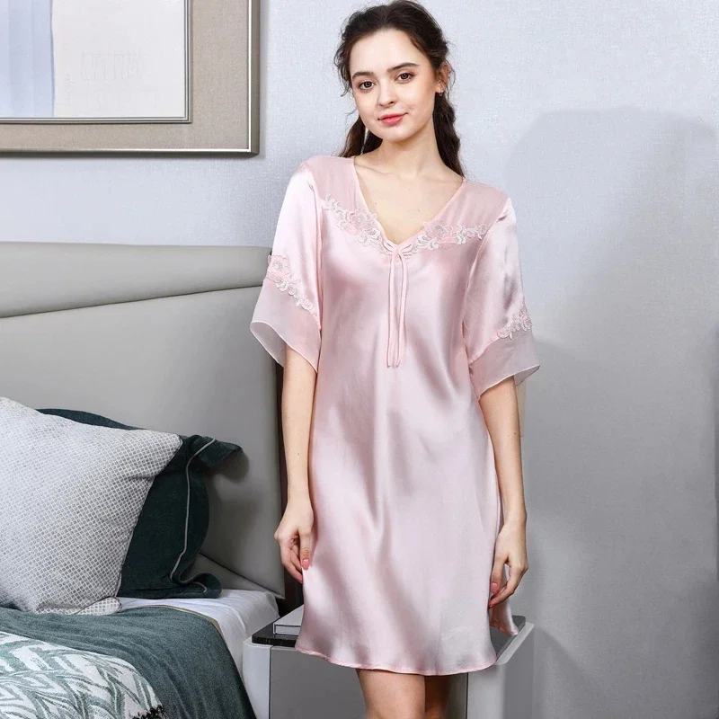 

Женская ночная рубашка из чистого шелка, ночные рубашки из 100% тутового шелка, однотонная ночная рубашка с короткими рукавами, мини-ночные рубашки, одежда для сна, сорочка, ночная рубашка
