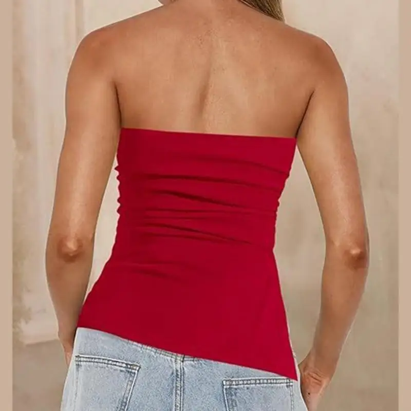 50LE Women Off Shoulder Tube Top Strapless Ruched Asymmetrical Split Bandeau Vest